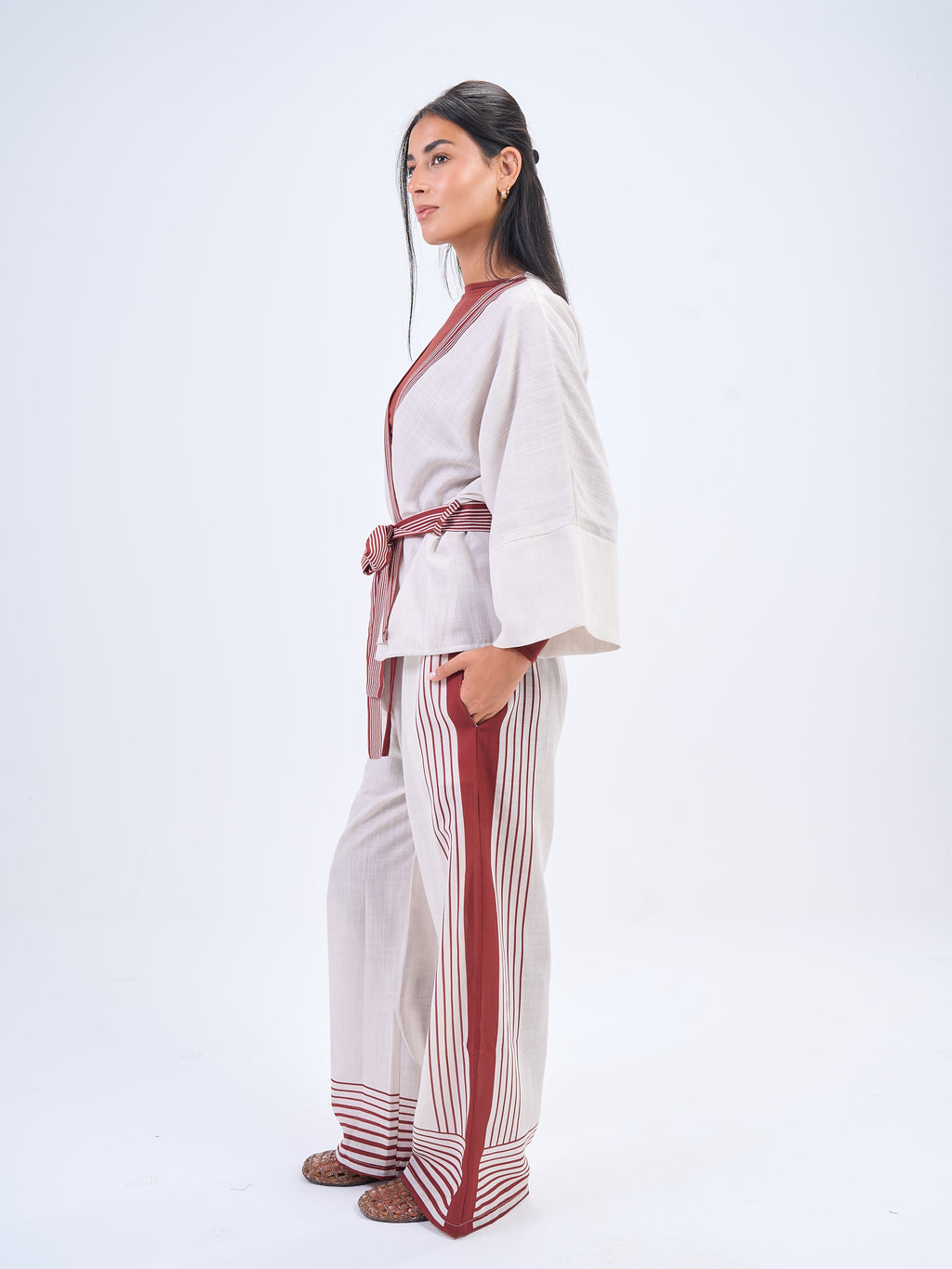 Summer Stripes Linen Set in- Maroon