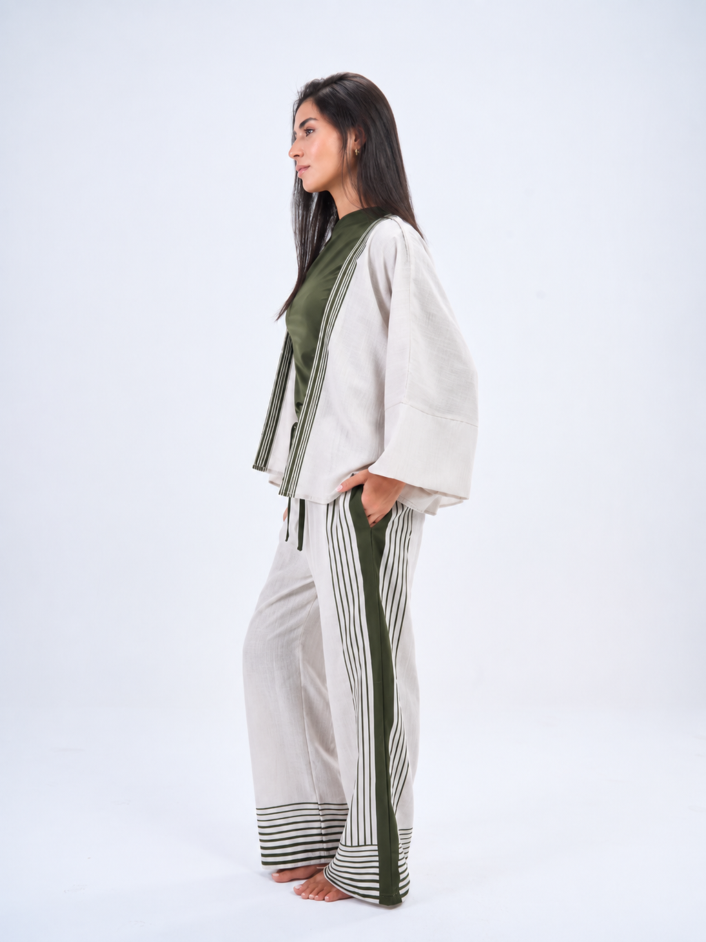 Summer Stripes Linen Set In- Olive