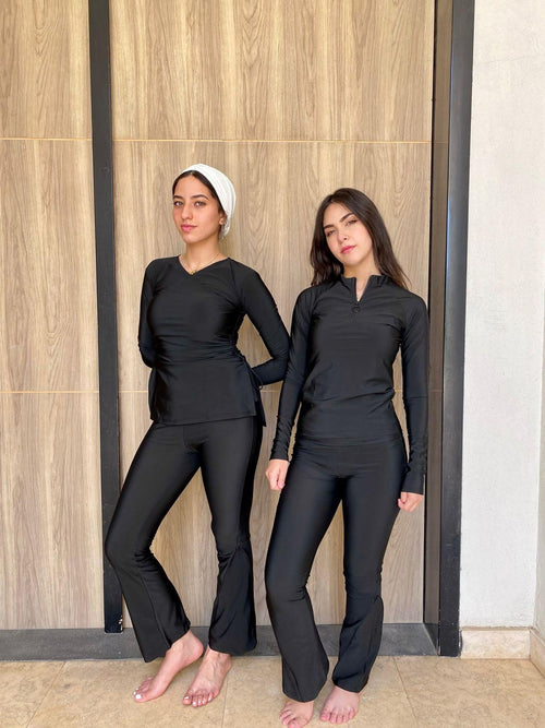 2-in-1 Flared Zip Swim Leggings – Black