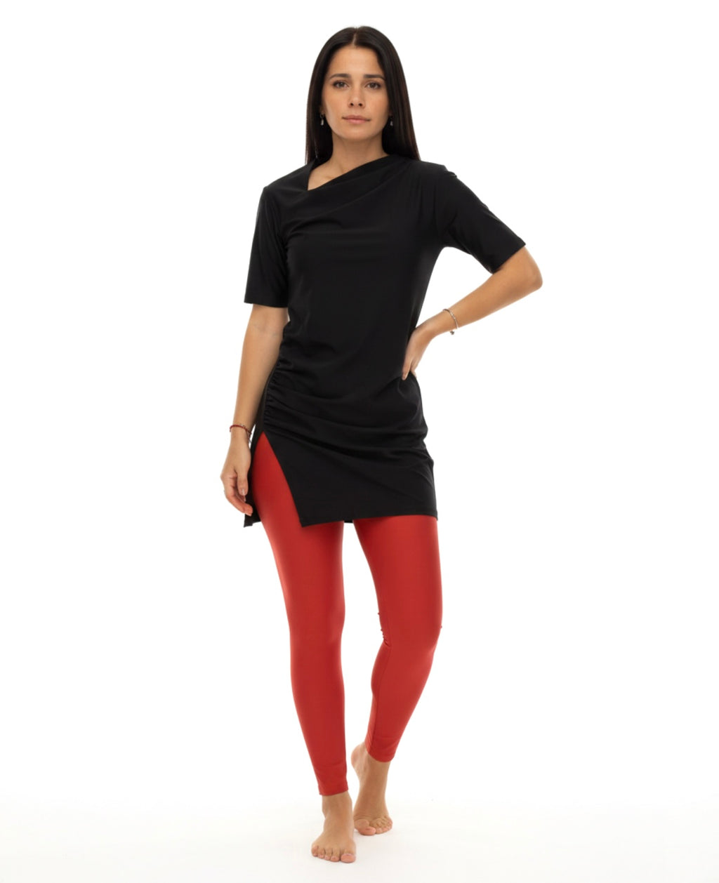 Half-Sleeve Drape Swim Top - Black