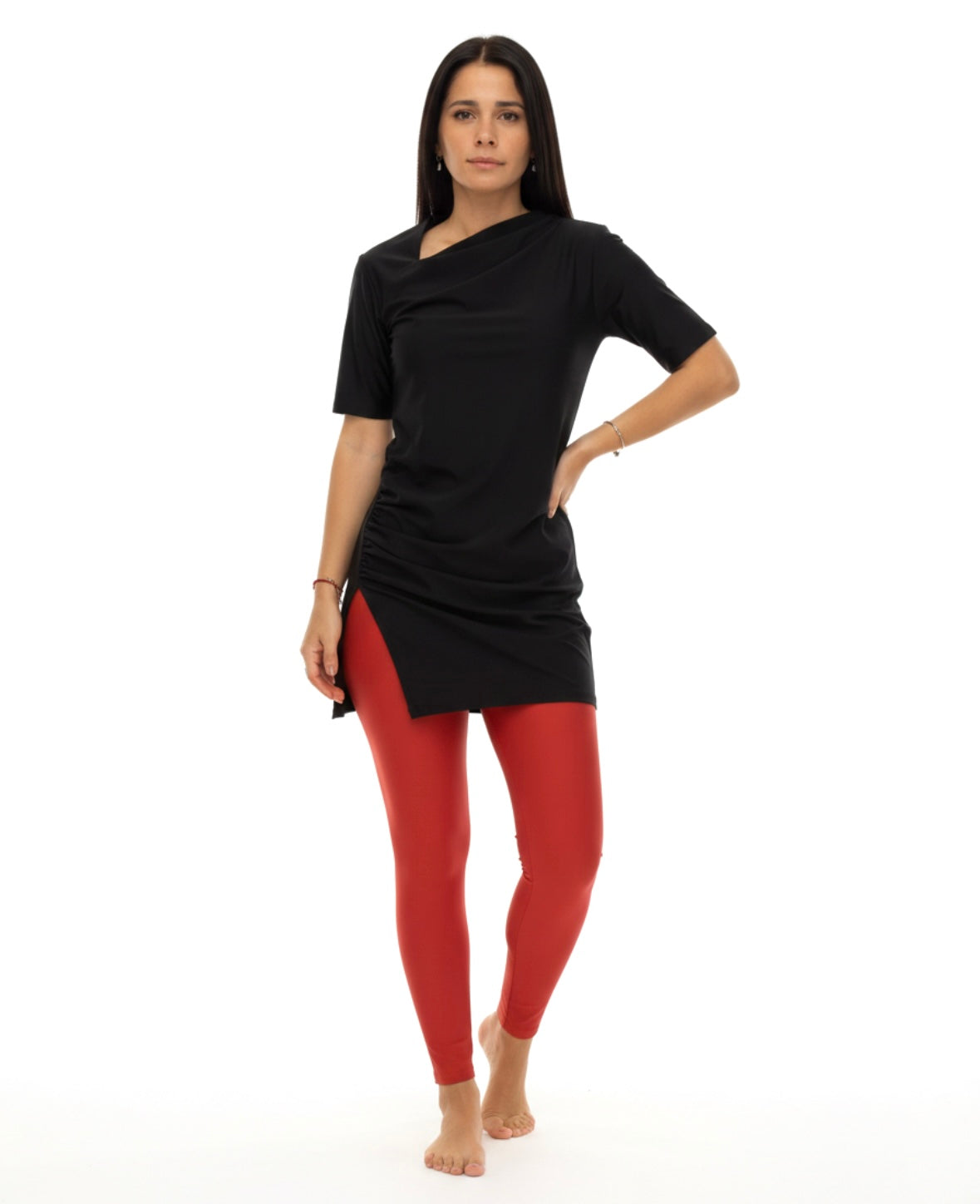 Half-Sleeve Drape Swim Top - Black