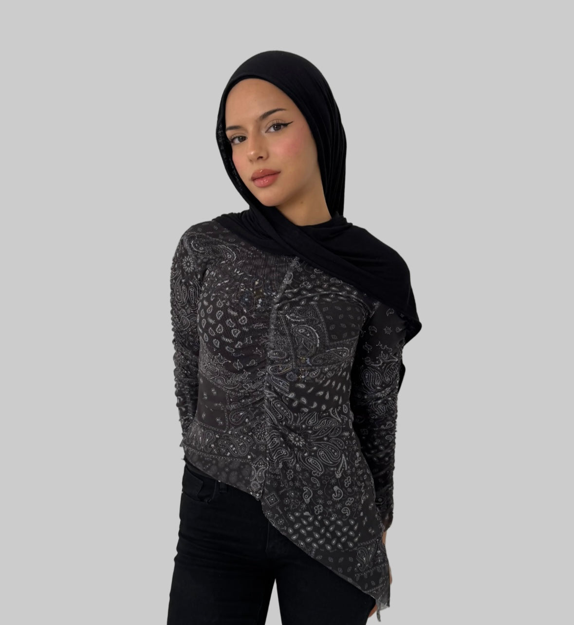 Paisley in black mesh top