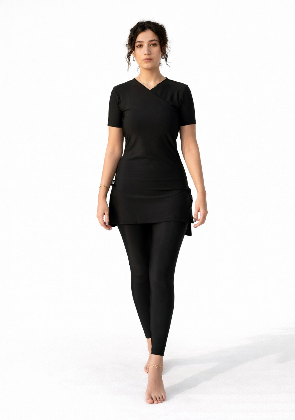 Half-Sleeve Croise Swim Top - Black