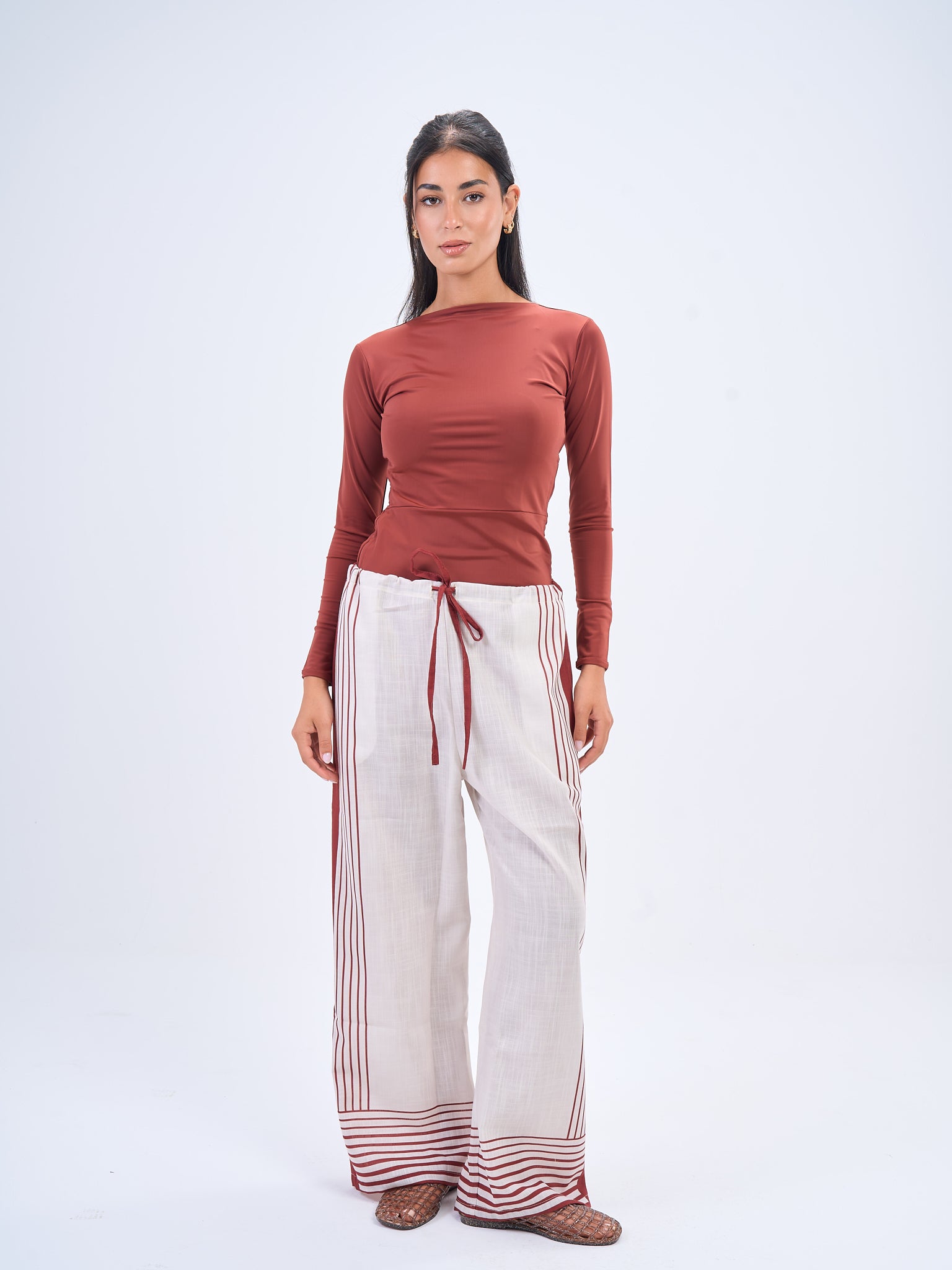 Summer Stripes Linen Set in- Maroon