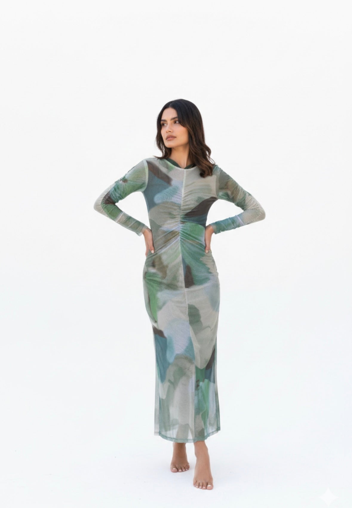 Watercolor Mesh Dress - Earthy Green