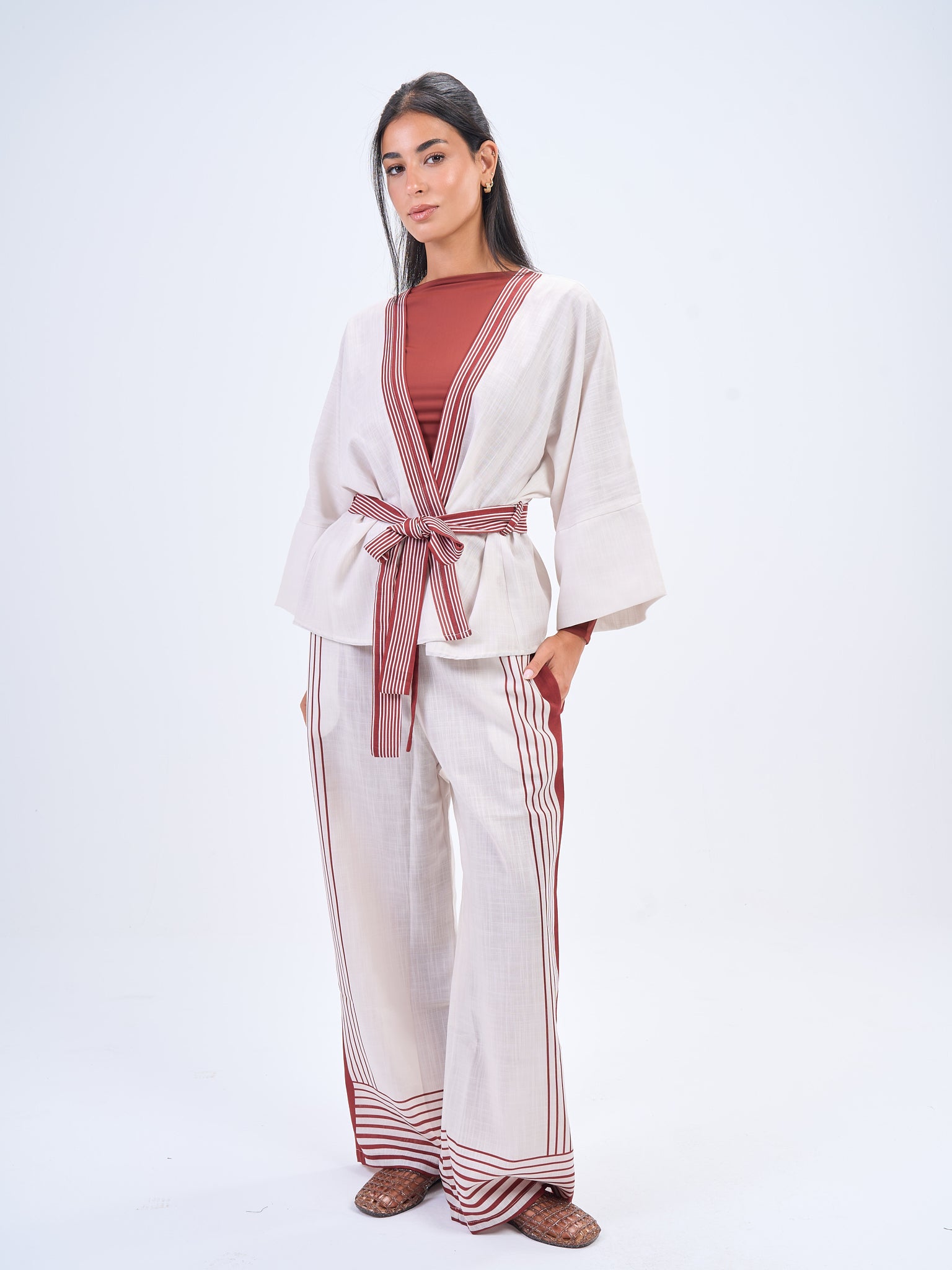 Summer Stripes Linen Set in- Maroon