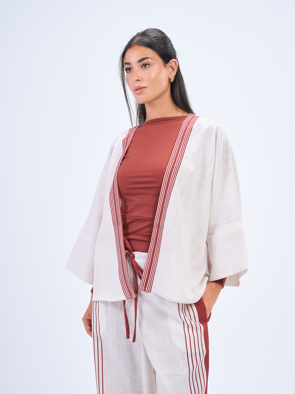 Summer Stripes Linen Set in- Maroon