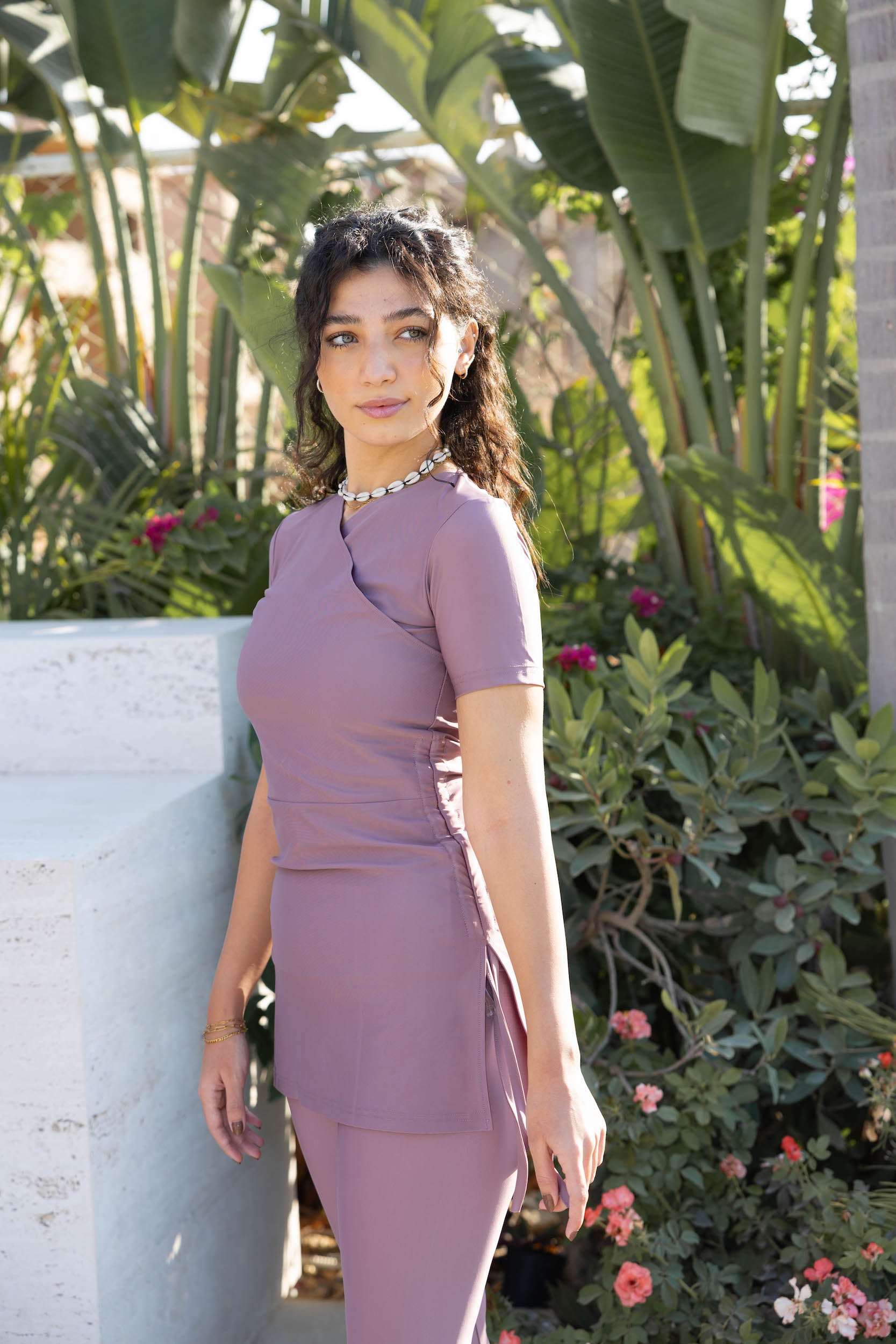 Half-Sleeve Croise Swim Top - Dusty Mauve