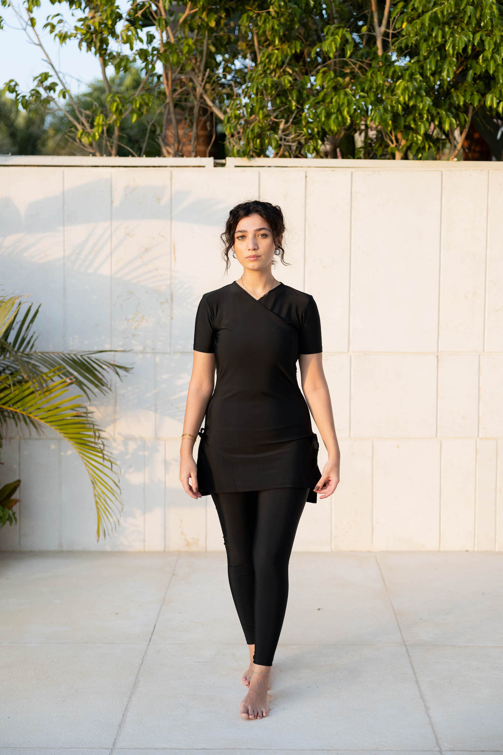 Half-Sleeve Croise Swim Top - Black