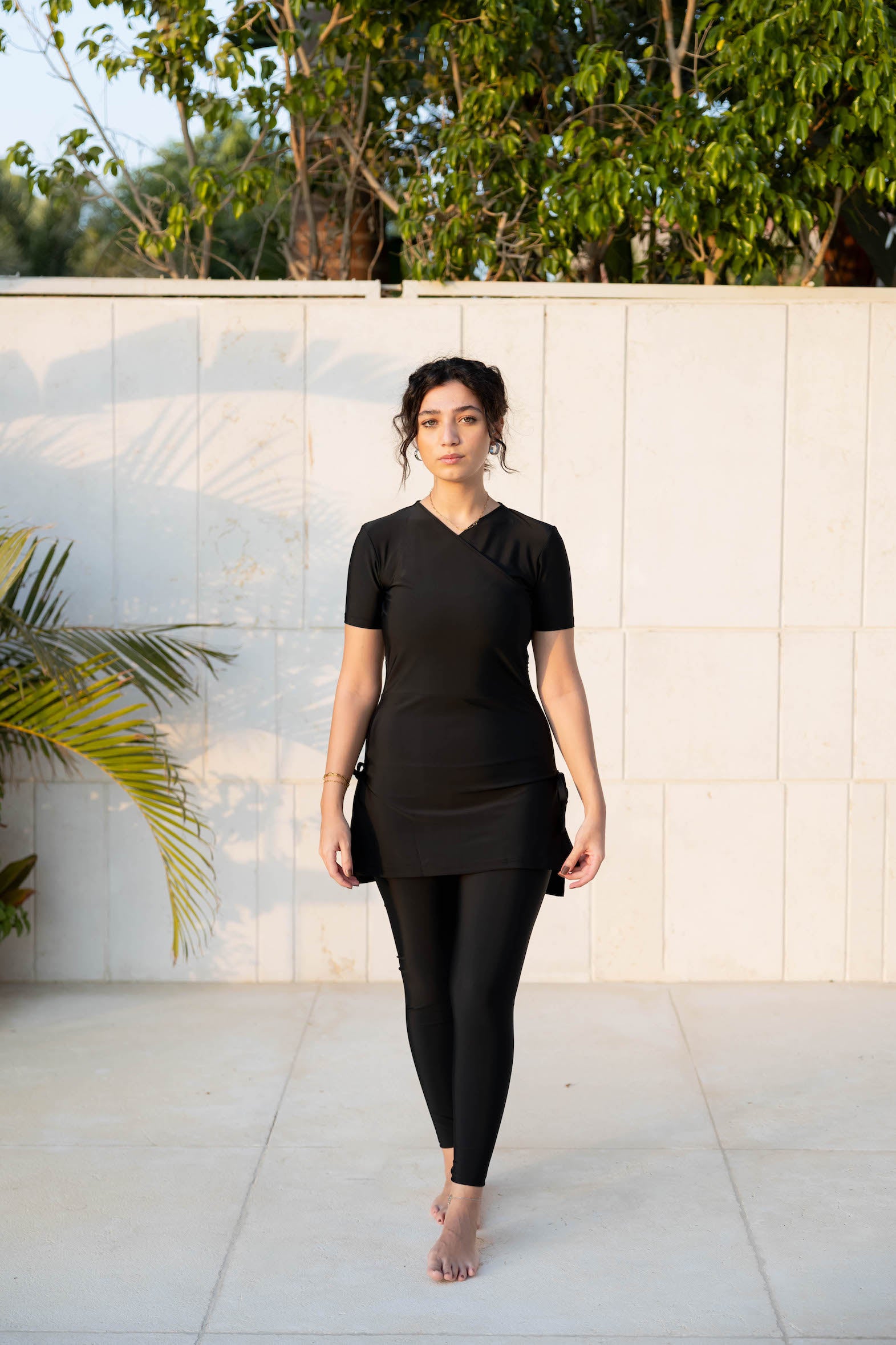 Half-Sleeve Croise Swim Top - Black