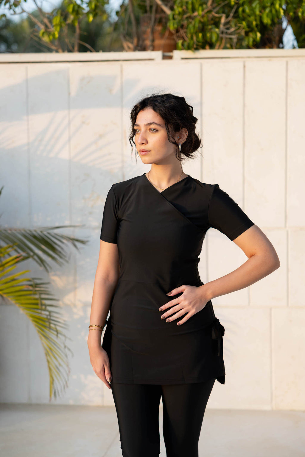 Half-Sleeve Croise Swim Top - Black
