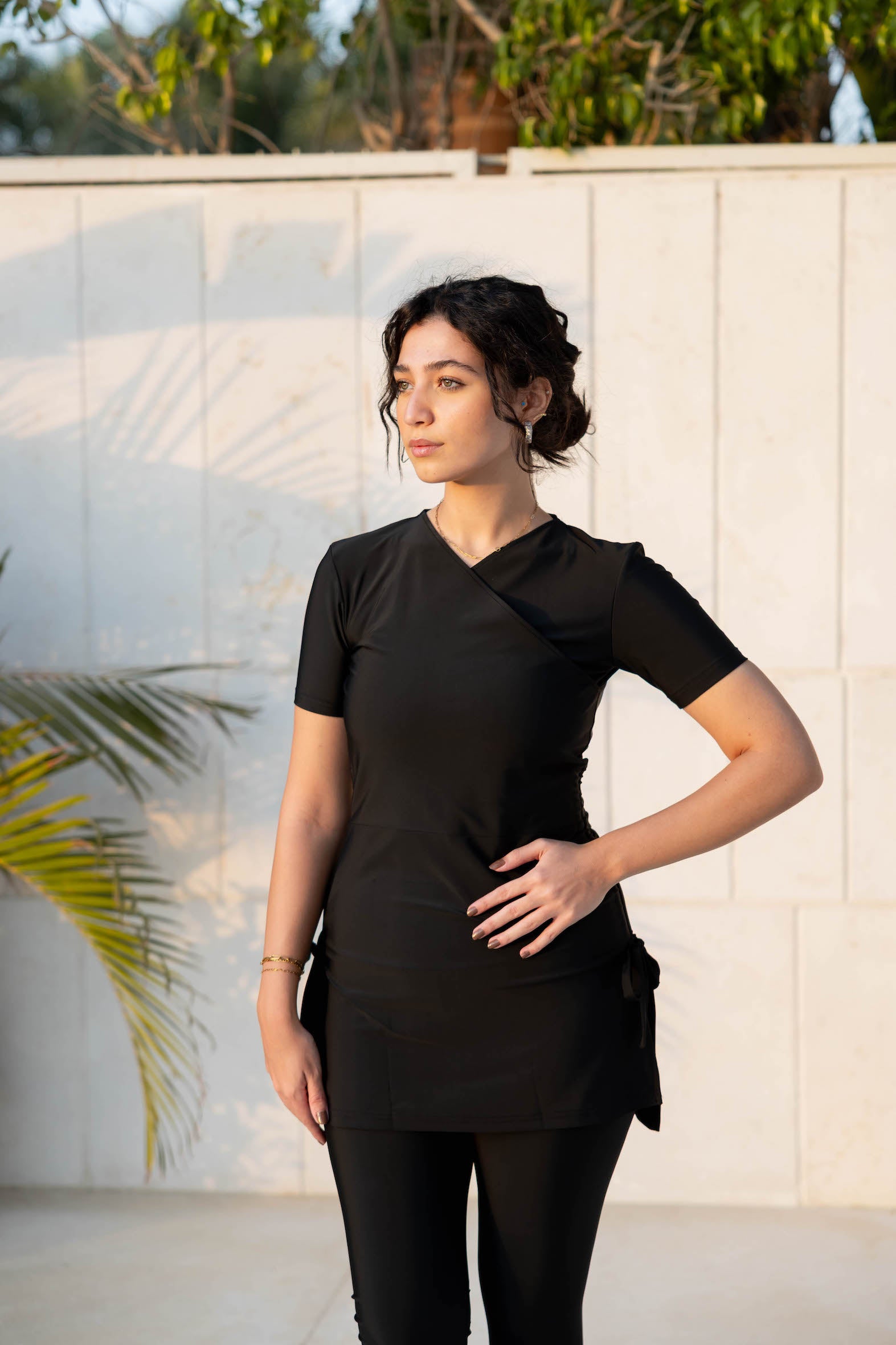 Half-Sleeve Croise Swim Top - Black