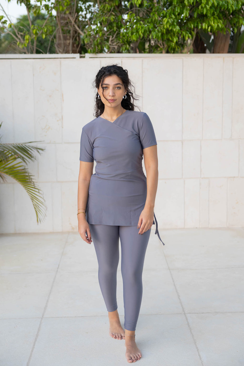 Half-Sleeve Croise Swim Top - Grey