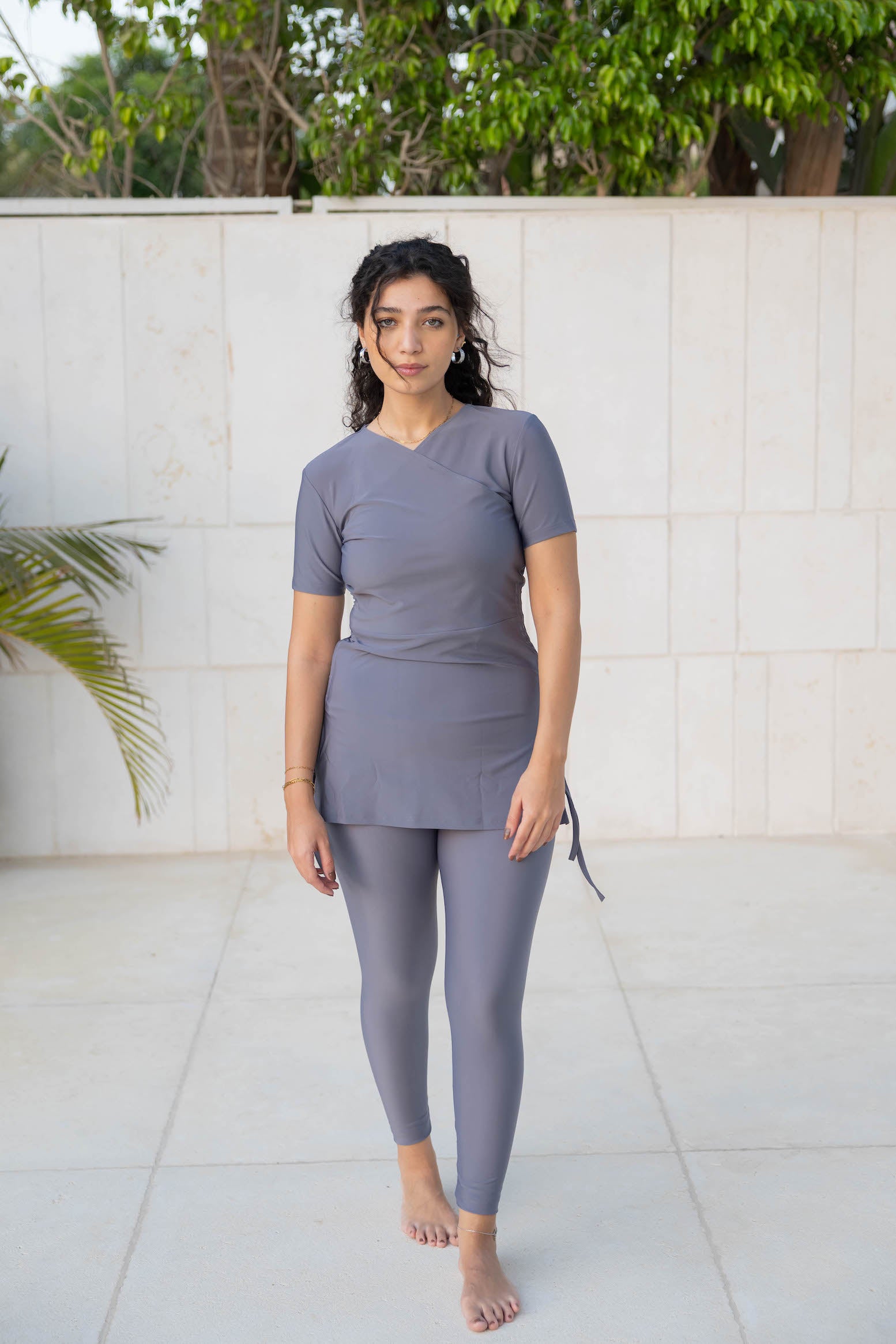 Half-Sleeve Croise Swim Top - Grey