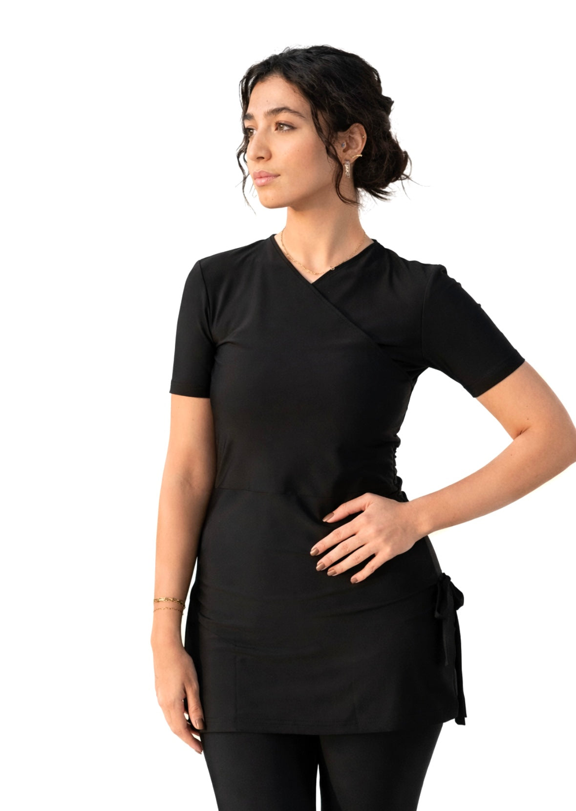 Half-Sleeve Croise Swim Top - Black