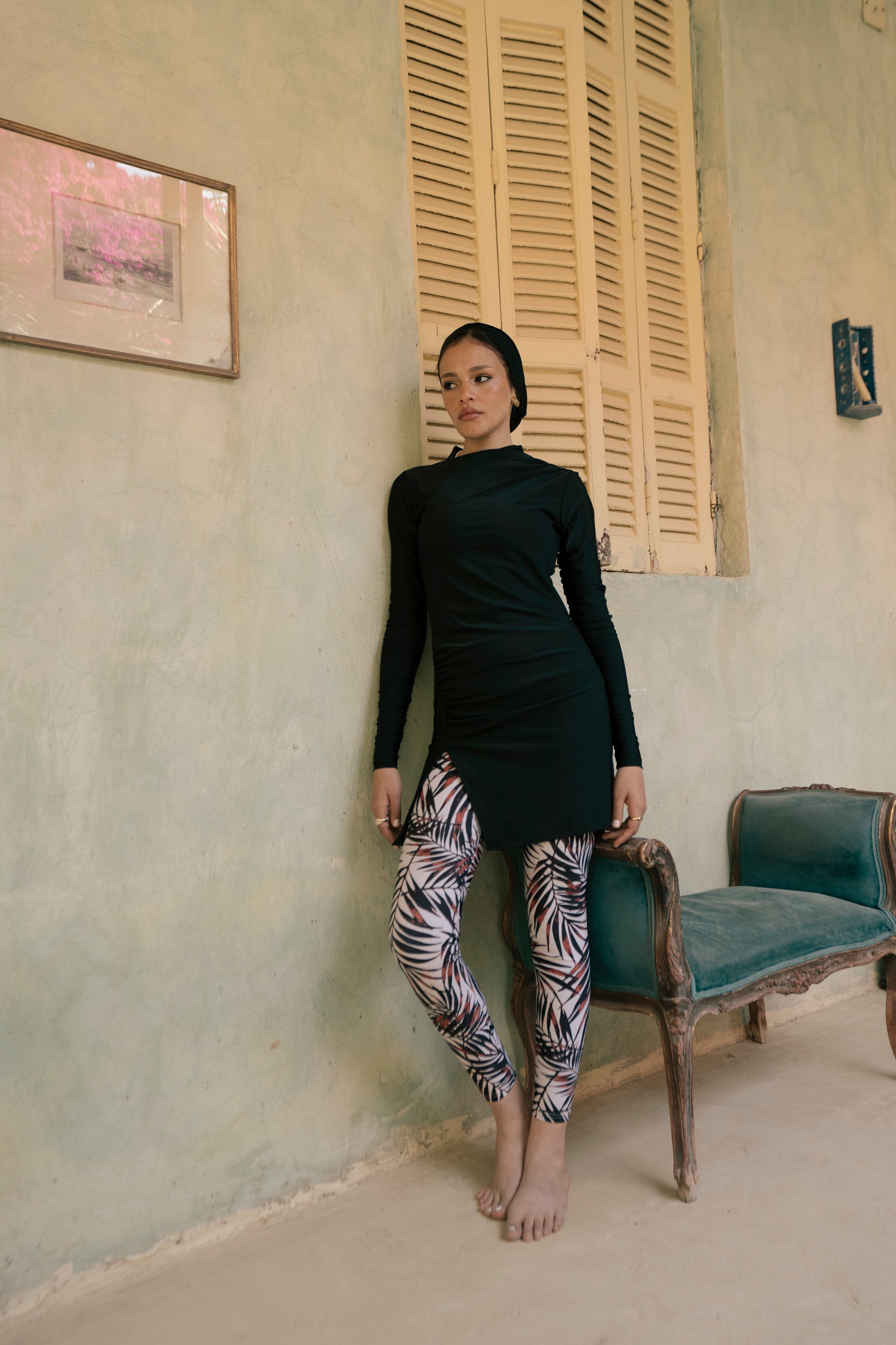 Swim Leggings - Orange Palm Leaves