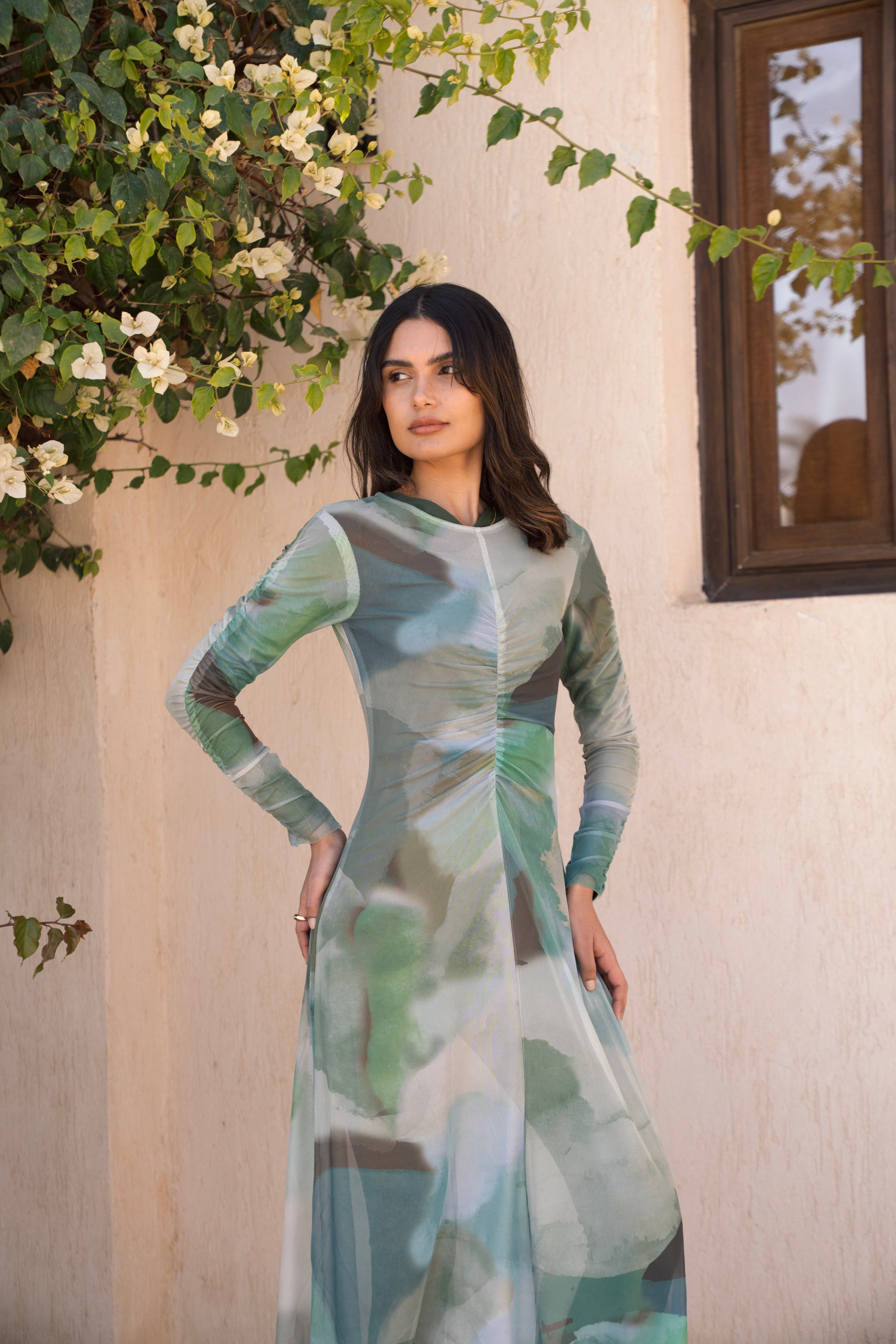 Watercolor Mesh Dress - Earthy Green