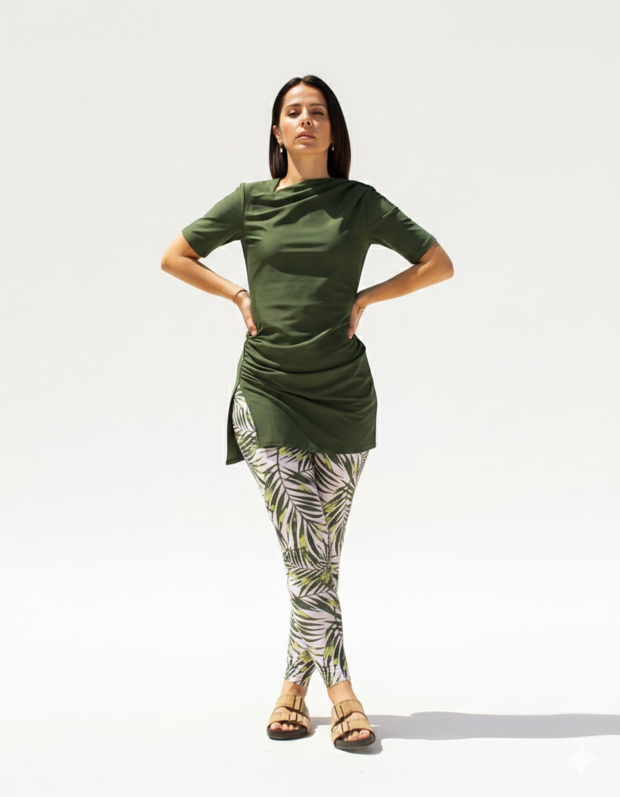 Half-Sleeve Drape Swim Top - Olive Green