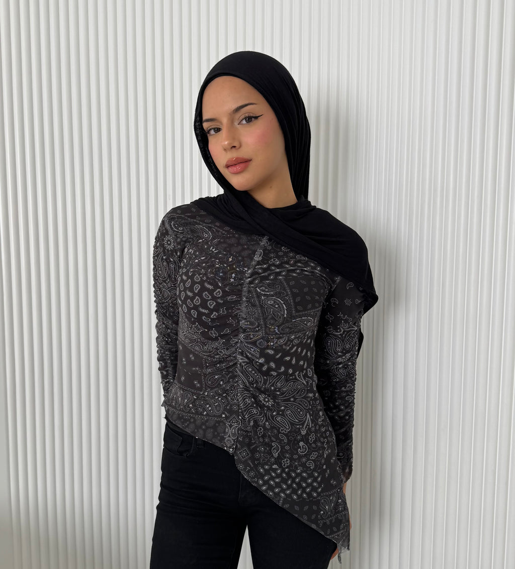 Paisley in black mesh top