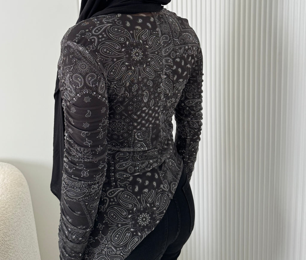 Paisley in black mesh top