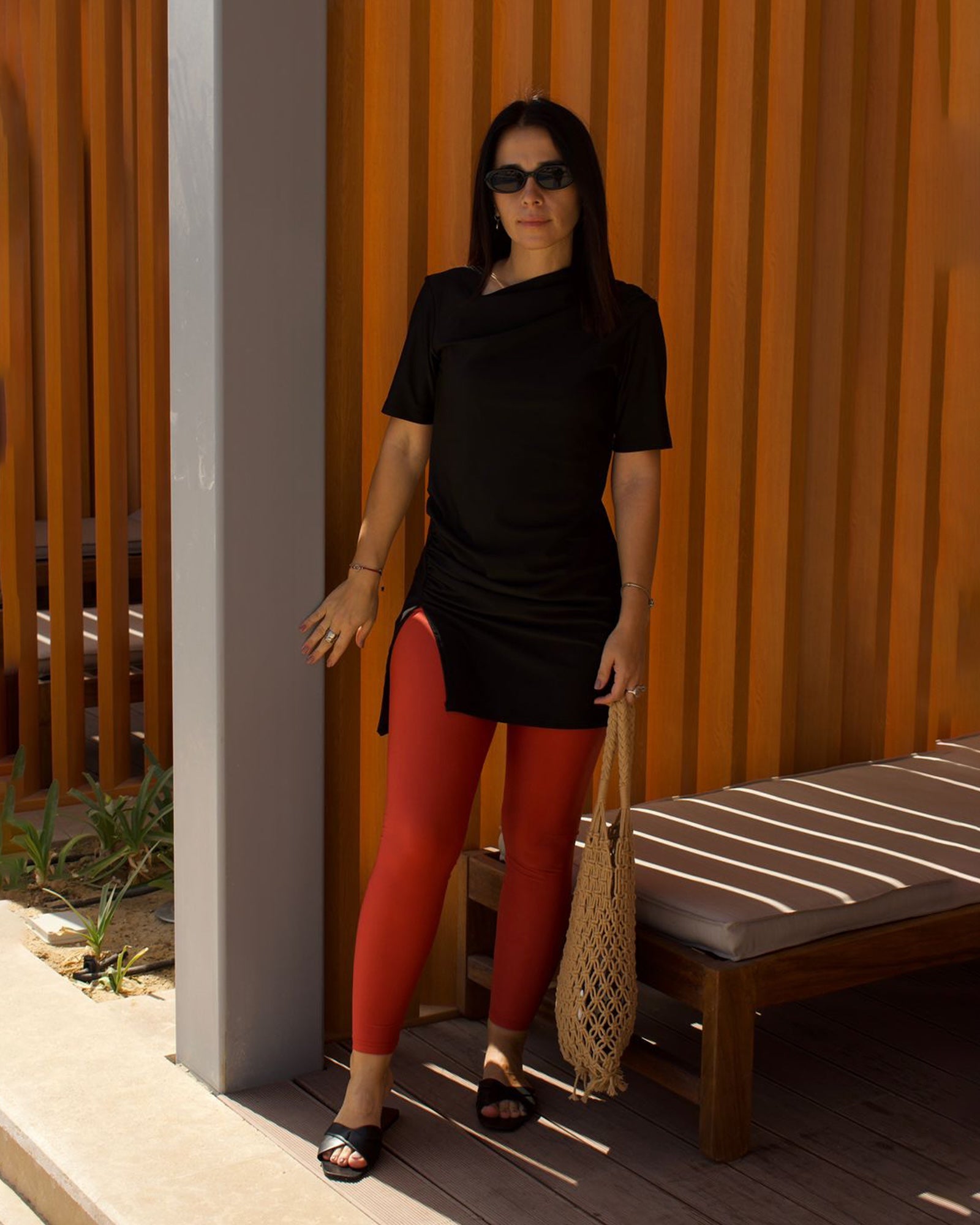 Half-Sleeve Drape Swim Top - Black