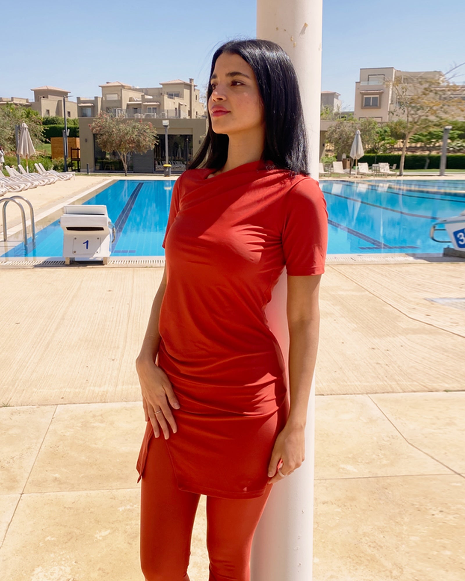 Half-Sleeve Drape Swim Top - Brick
