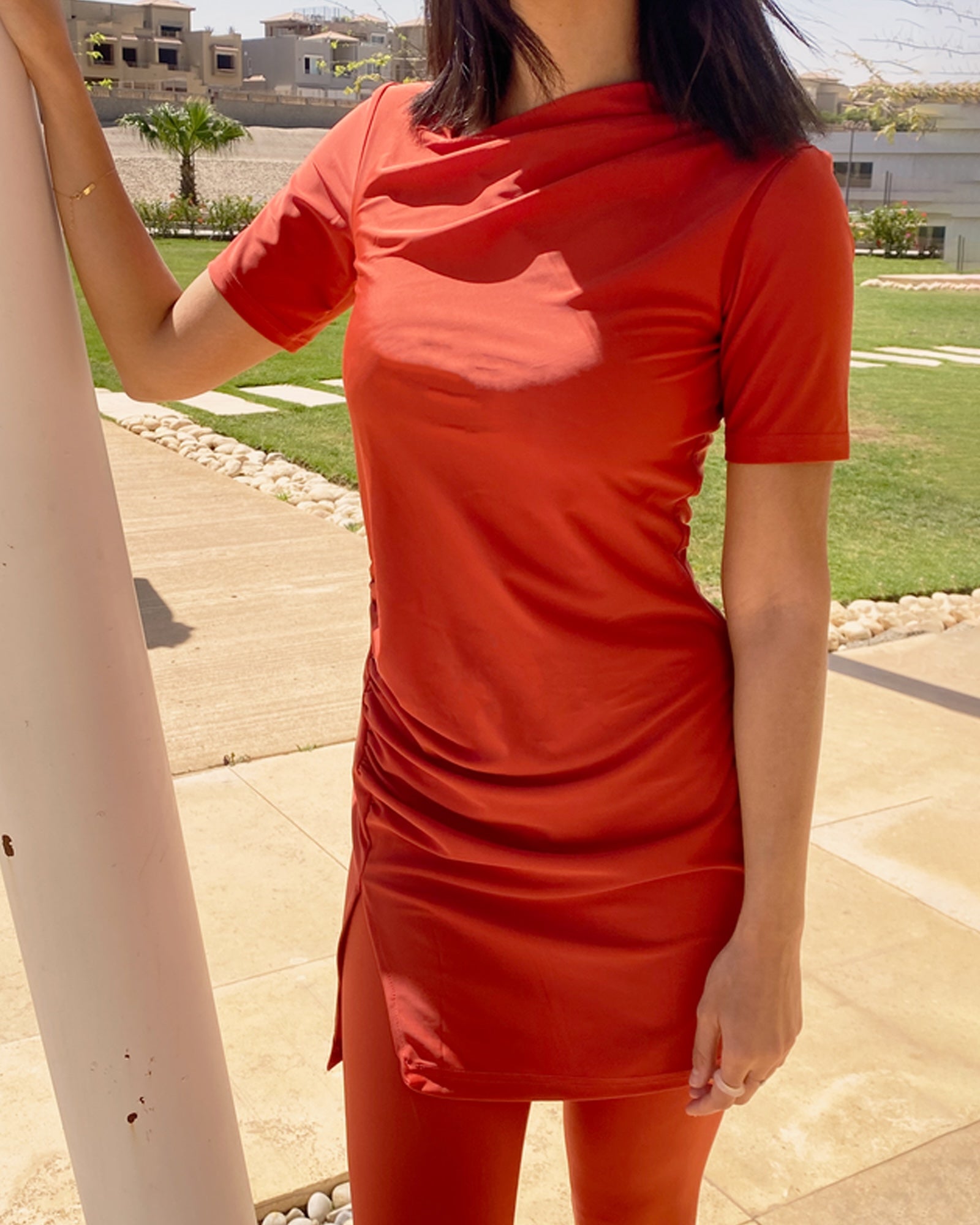 Half-Sleeve Drape Swim Top - Brick
