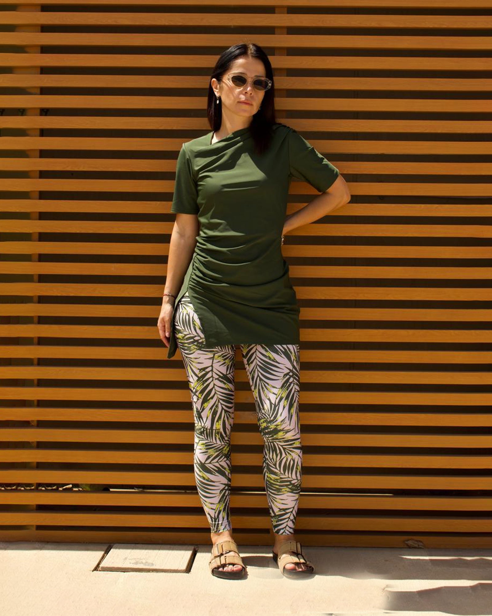 Half-Sleeve Drape Swim Top - Olive Green