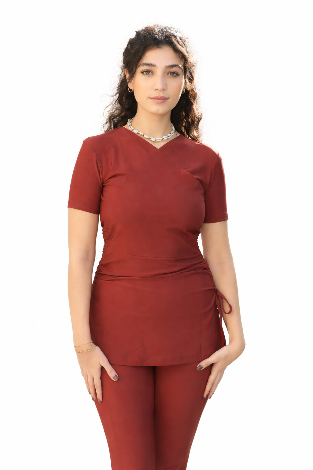 Half-Sleeve Croise Swim Top - Maroon