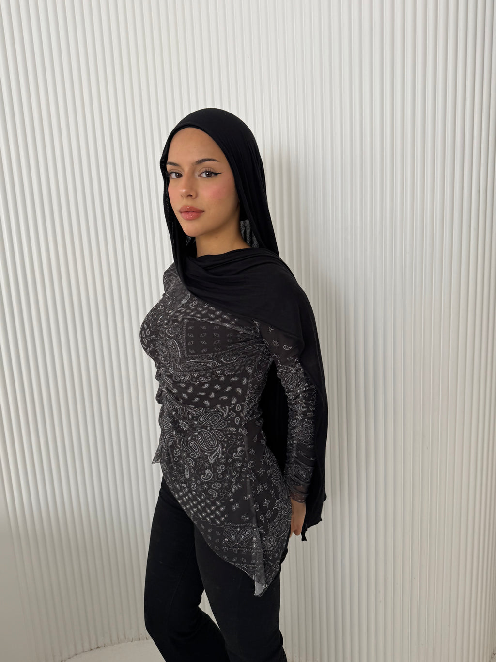 Paisley in black mesh top