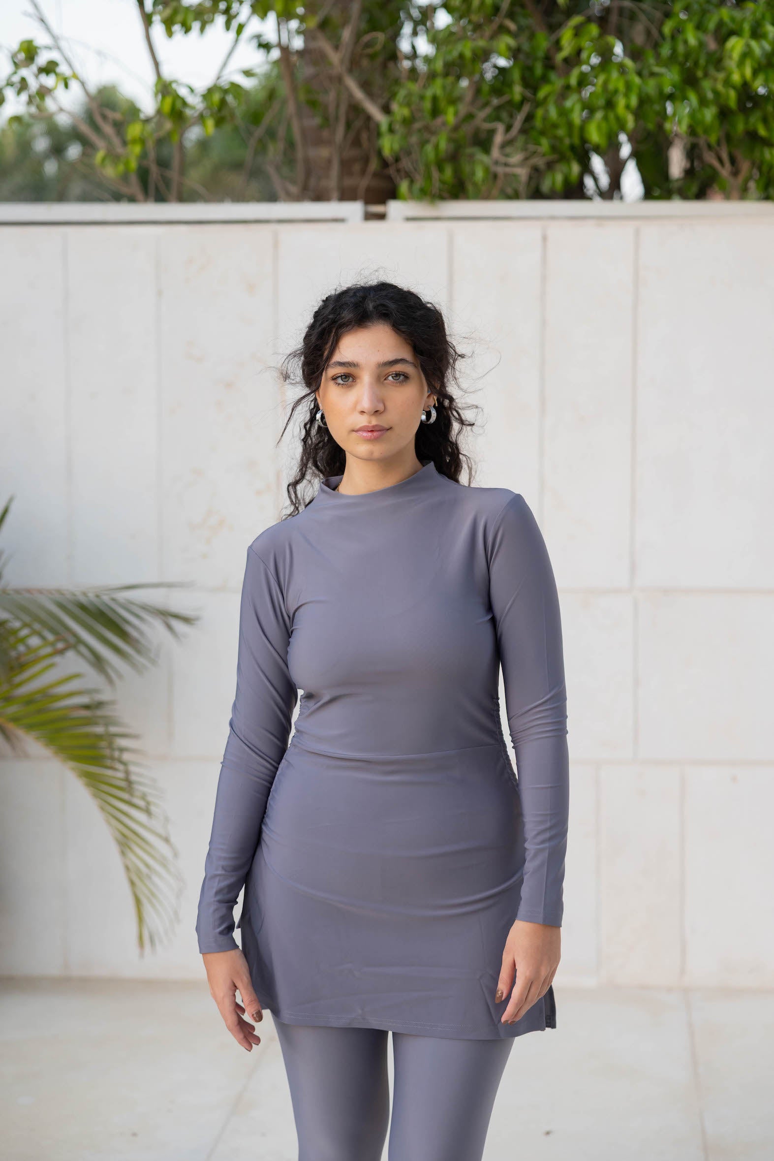 High-Neck Swim Top - Grey