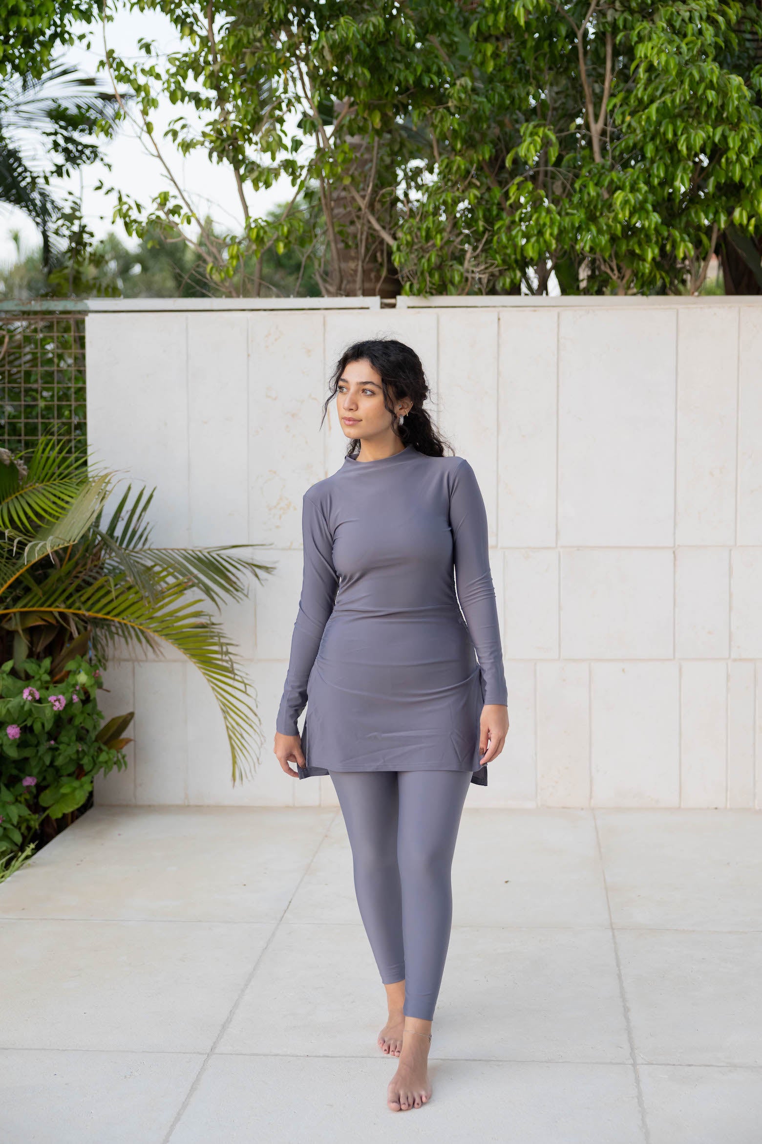 High-Neck Swim Top - Grey